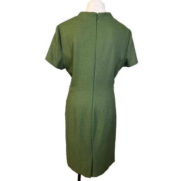 Tahari Dress 18 Green Mock Neck Gold Zipper Trim Short Sleeve Career Church NEW - Picture 3 of 11